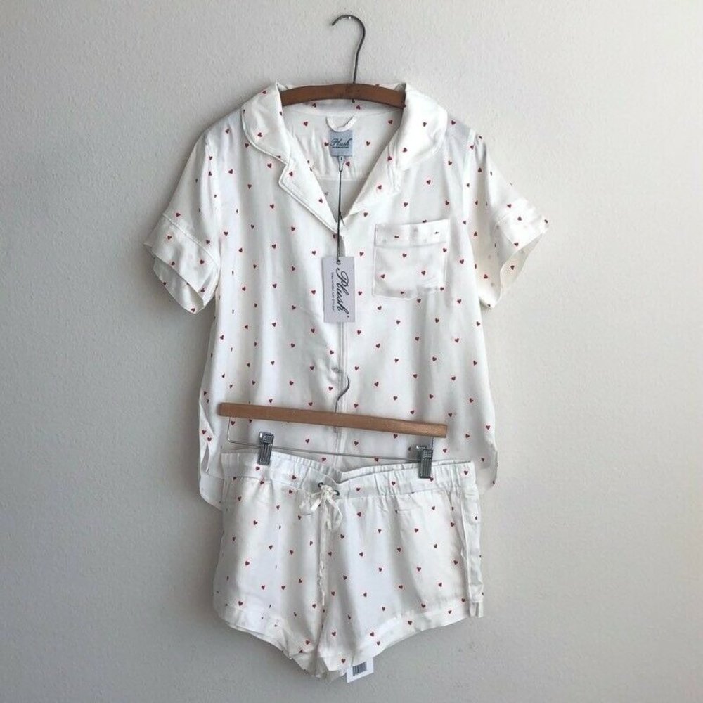 Plush Apparel Pajama Shorts Set White Red Hearts S